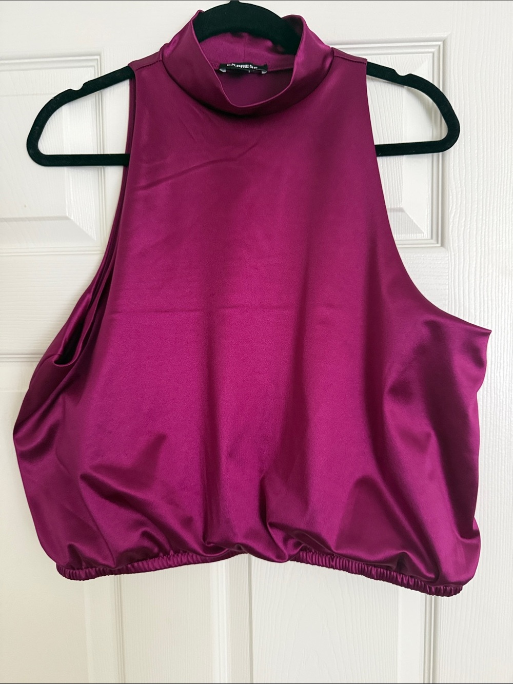 Sleeveless Mock Neck Satin crop Tank Top - Magenta